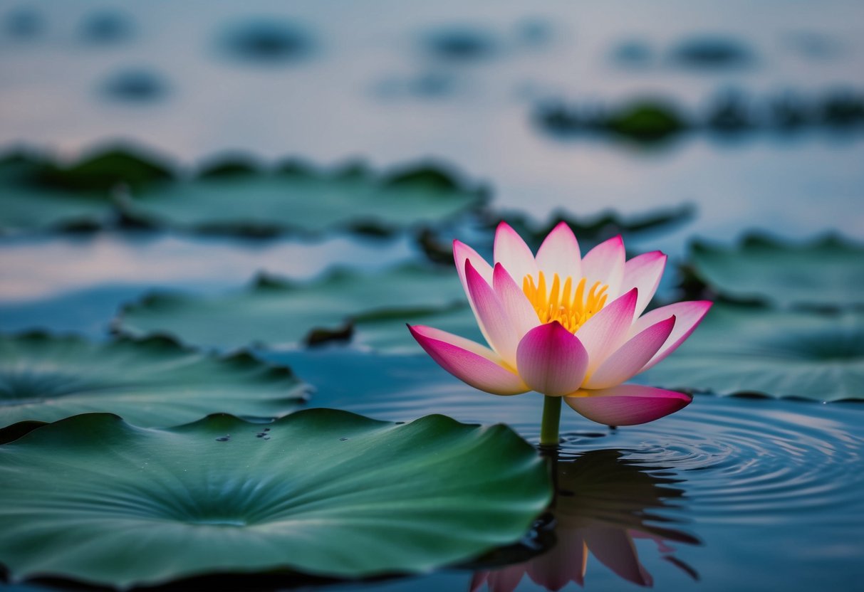 A lone lotus flower emerges from murky waters, symbolizing resilience and strength amidst adversity