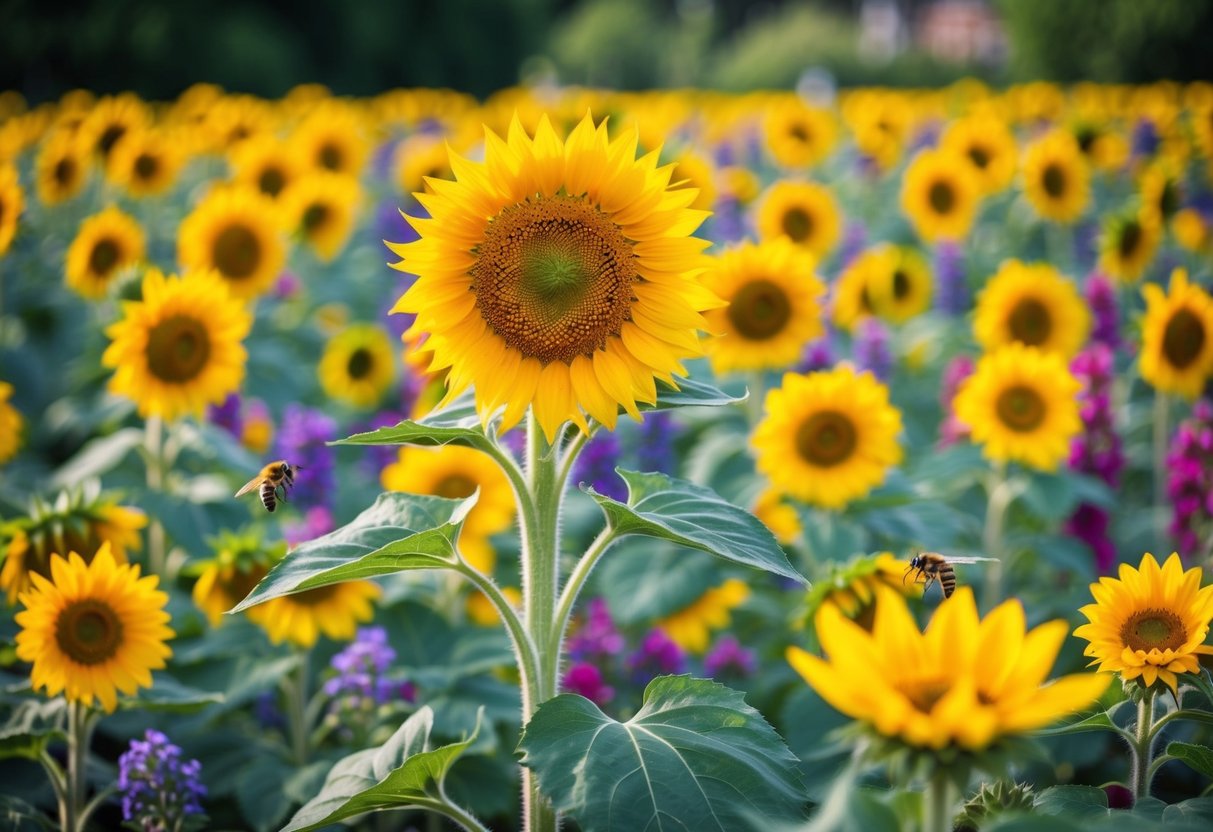 A vibrant sunflower stands tall amidst a sea of colorful blooms, attracting a variety of pollinators to the lively garden