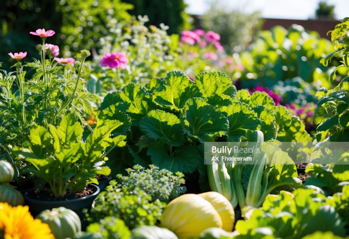 A sunny garden with various plants thriving in the current climate, including blooming flowers, leafy greens, and robust vegetables