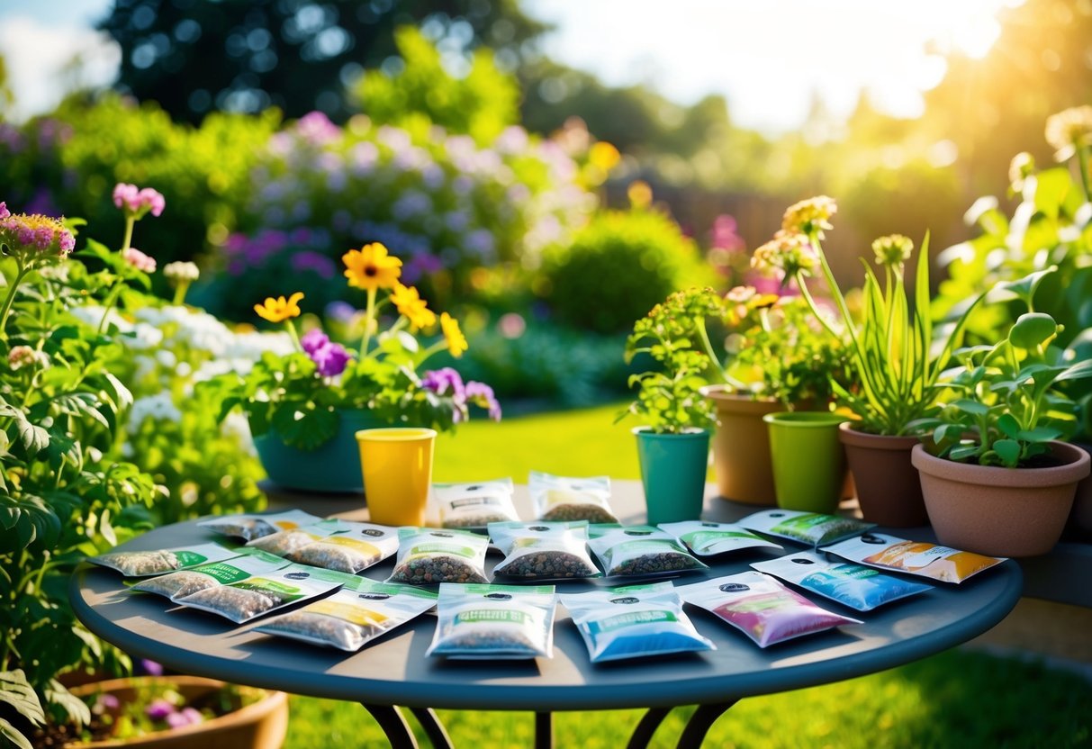 A sunny garden with a variety of seed packets spread out on a table, surrounded by blooming flowers and lush green plants