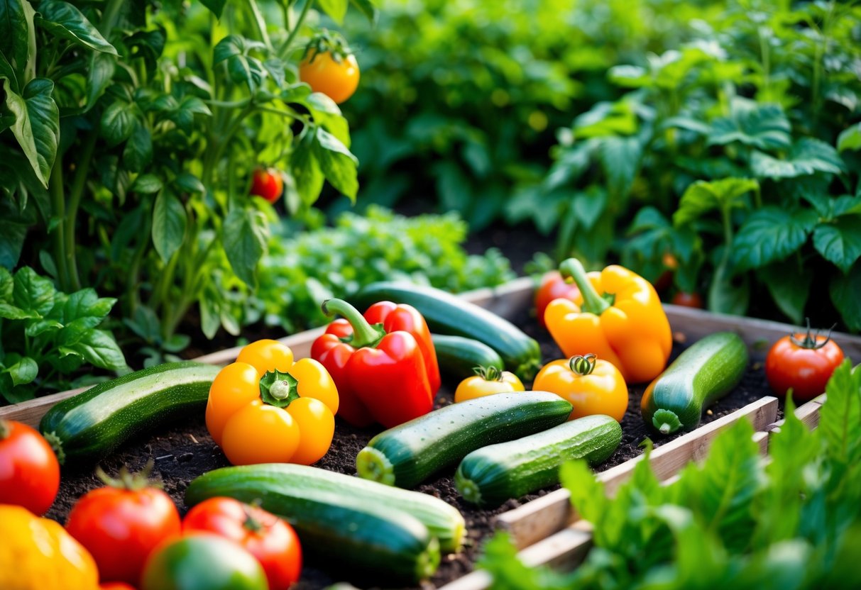 A garden bed with a variety of ripe and colorful vegetables, including tomatoes, peppers, cucumbers, and zucchinis, surrounded by lush green foliage