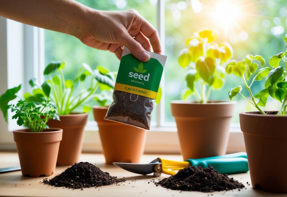 A hand holding a seed packet, surrounded by pots, soil, and gardening tools, with the sun shining through a window