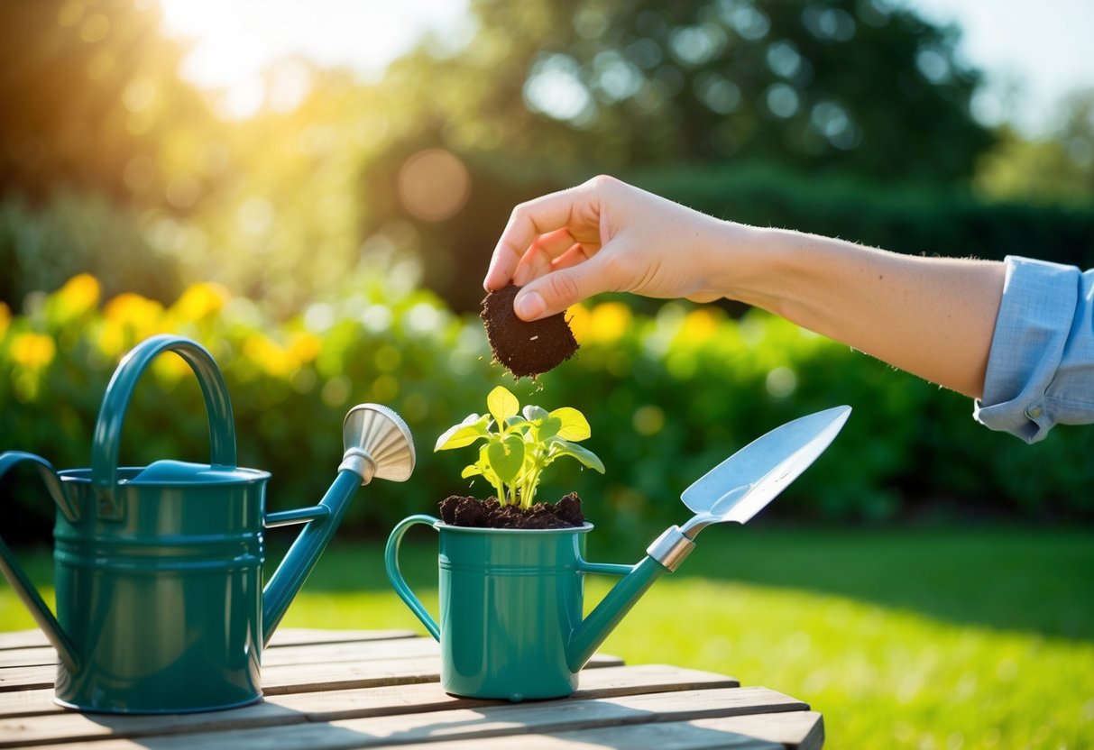 A hand holding a small pot with either seeds or seedlings, a trowel, and a watering can on a sunny garden bench