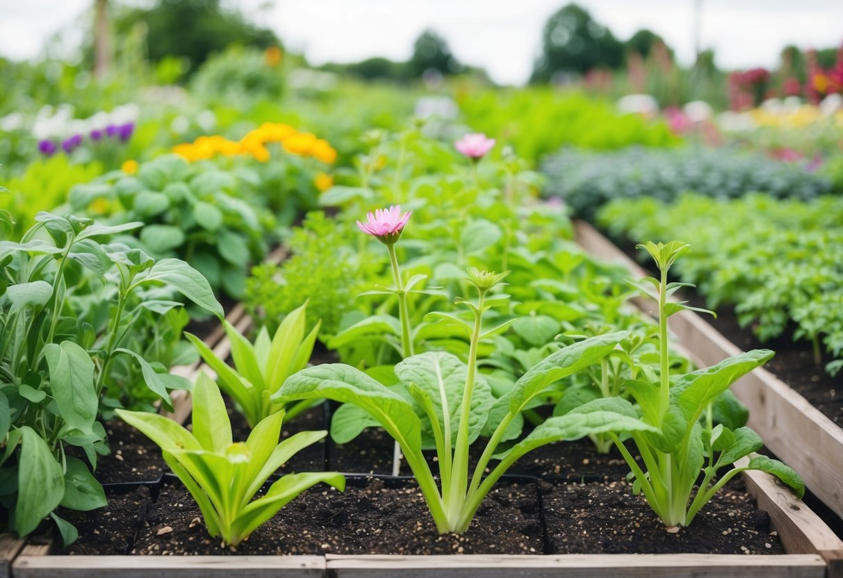 A garden with various plants growing in organized clusters, showcasing companion planting and crop rotation. Some plants are in bloom while others are just starting to sprout