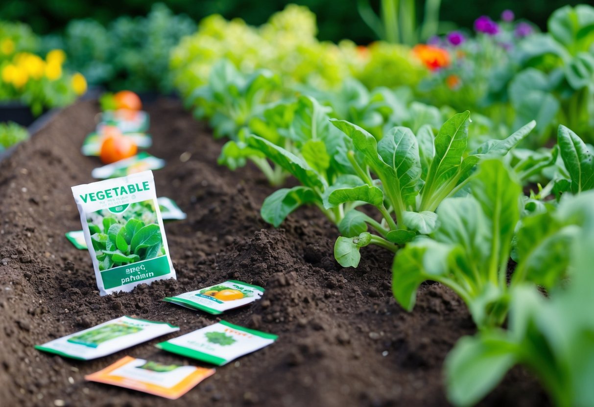 A garden bed with freshly tilled soil, ready for planting. A variety of vegetable seed packets scattered nearby