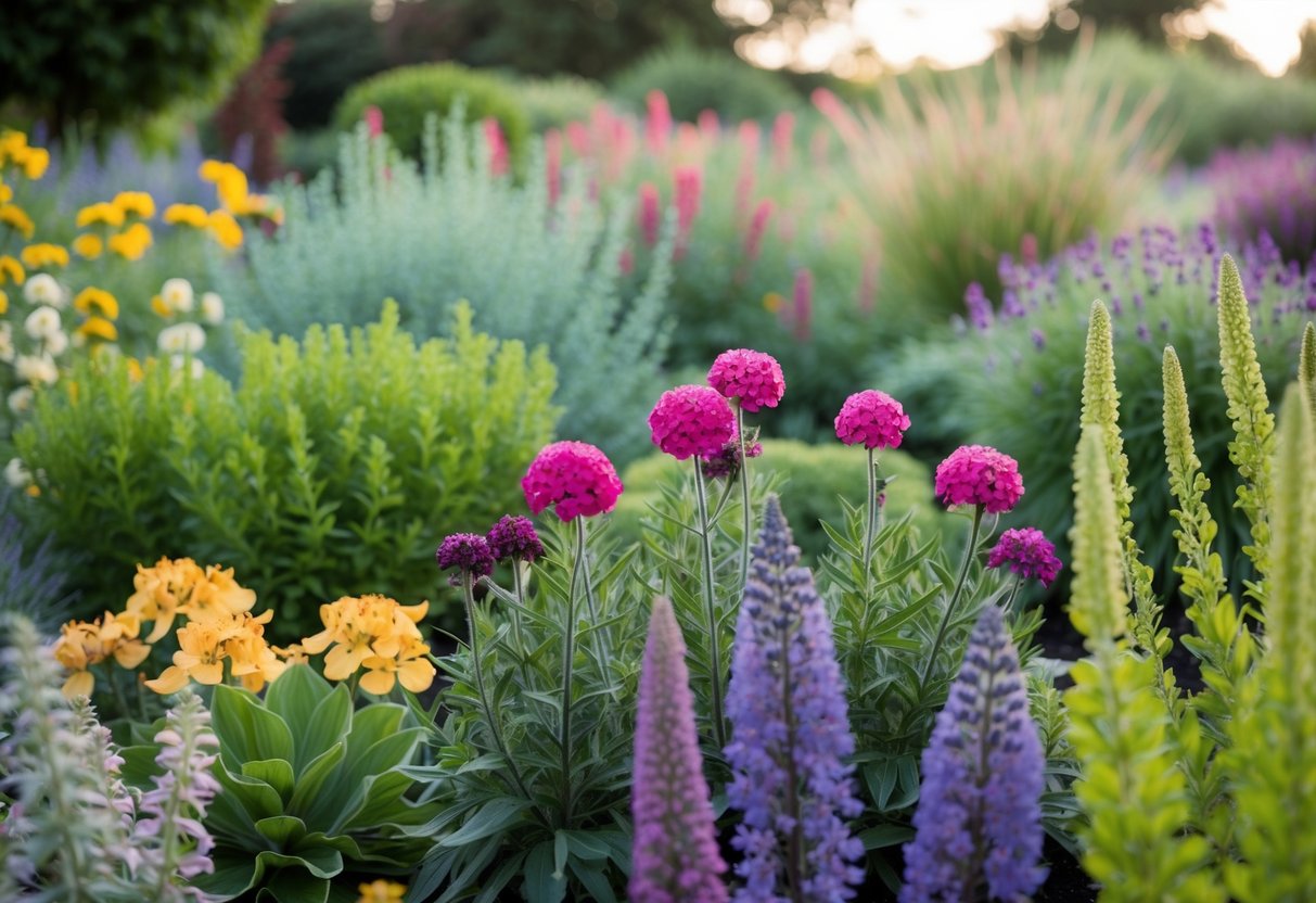 A garden filled with long-flowering perennials in various colors and sizes, showcasing their resilience and beauty throughout the seasons