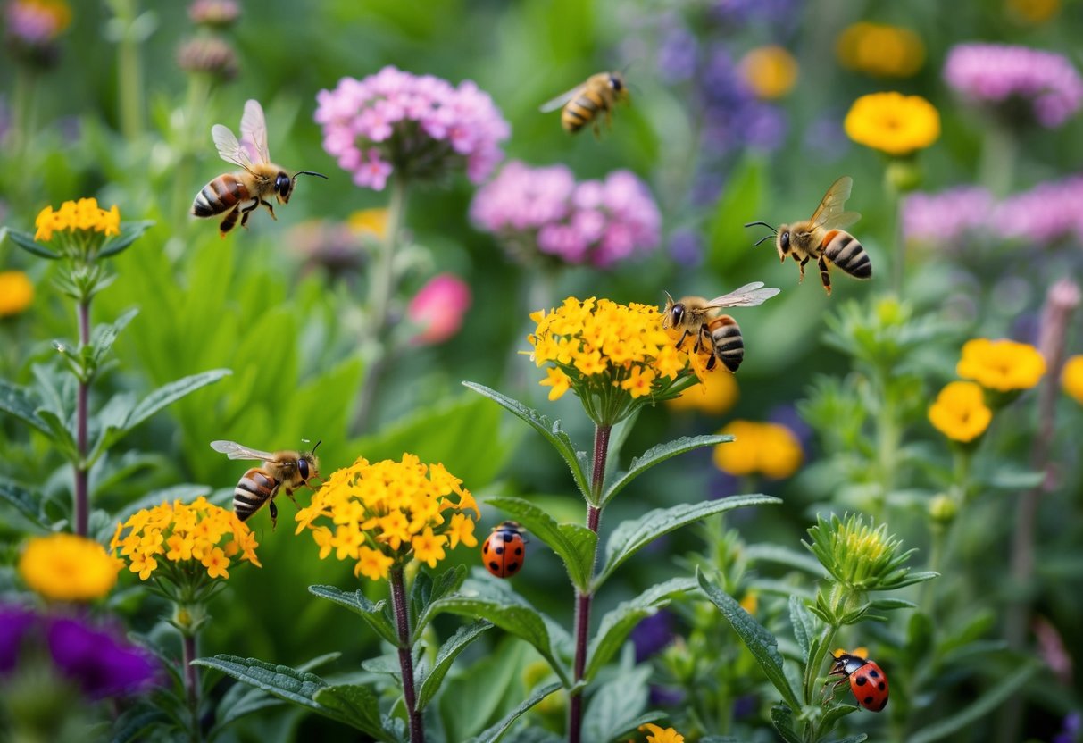 A garden filled with blooming wildflowers and herbs, with bees and butterflies buzzing around, and ladybugs crawling on the leaves