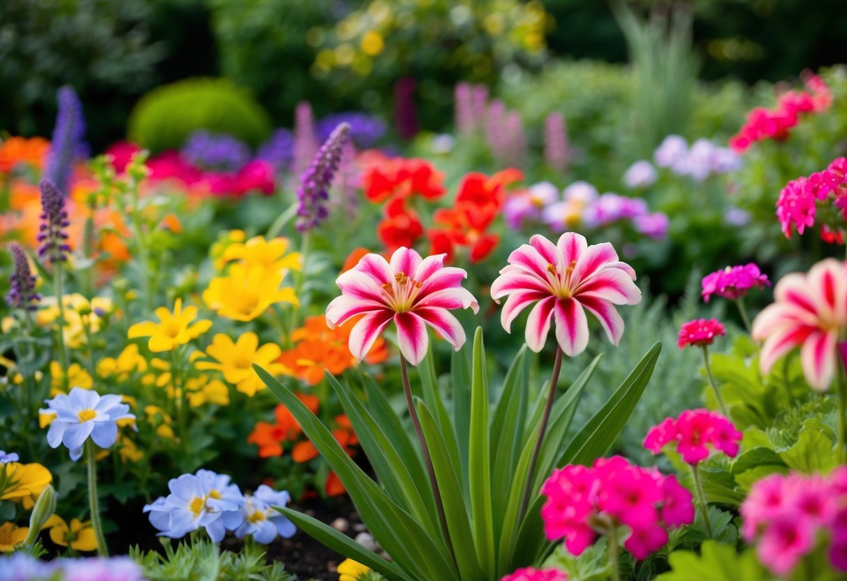 A colorful garden with various blooming plants, including the long-flowering Primula vulgaris, creating a vibrant and lively scene