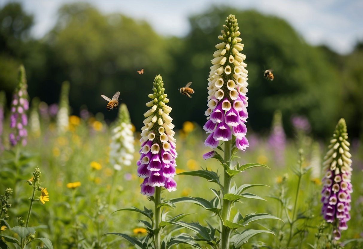 A lush meadow with a tall, blooming foxglove plant towering above the surrounding flora, attracting bees and butterflies