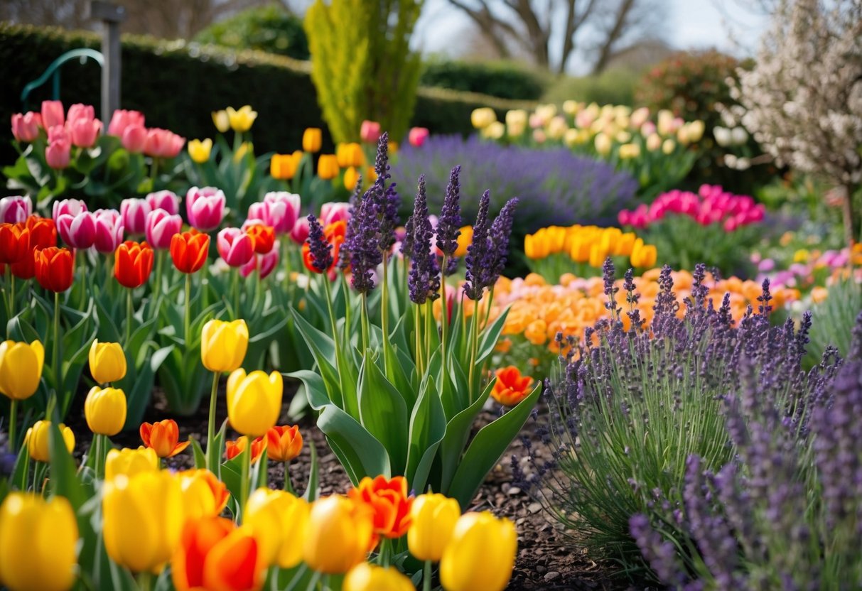 A garden bursting with colorful blooms, from vibrant tulips to long-flowering lavender, creating a varied and lively landscape