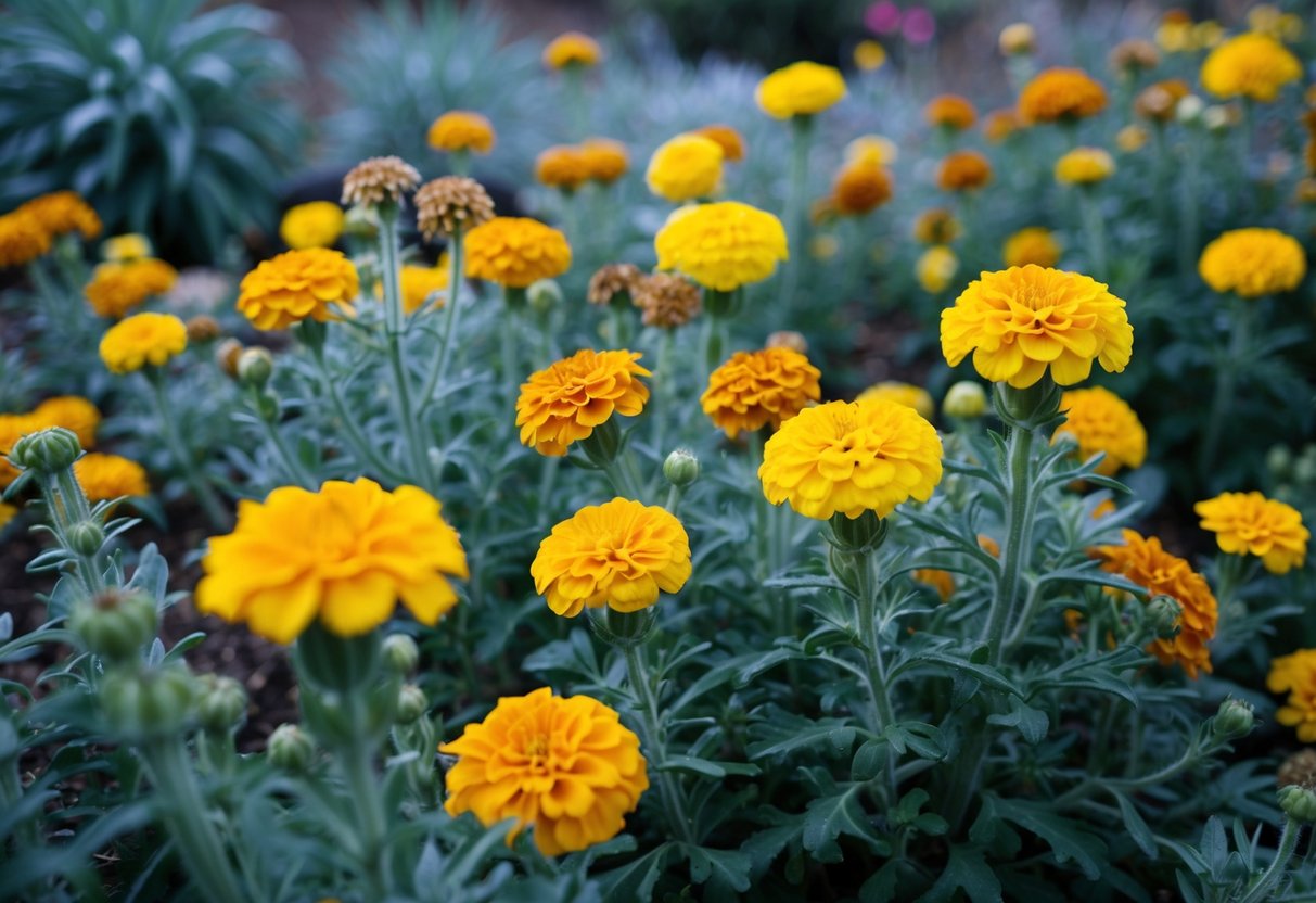 A garden filled with marigold varieties, some blooming in the cold, others wilting from frost