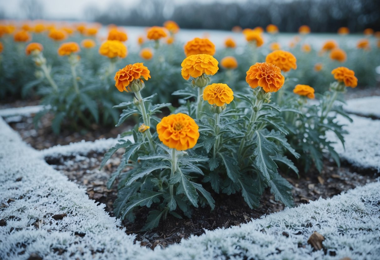 A garden of marigolds, withering in the cold, surrounded by frost-covered soil and icy air