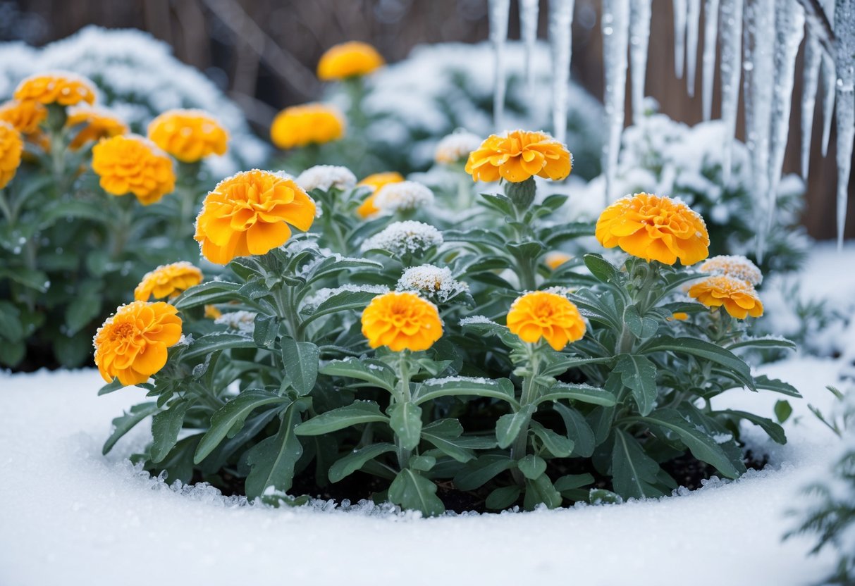 A garden with marigold plants thriving in a frosty environment, surrounded by snow and icicles, showcasing their ability to tolerate cold temperatures