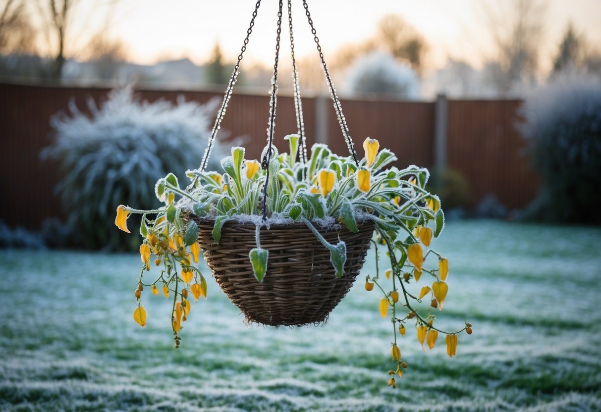 A hanging basket with wilting plants in a frost-covered garden