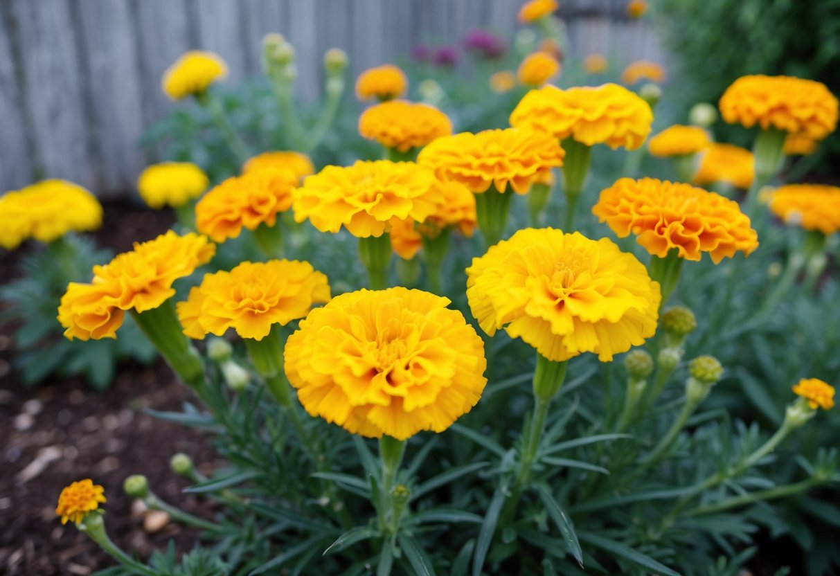 Bright yellow marigolds blooming in a garden, surrounded by varying weather conditions from cold to warm seasons