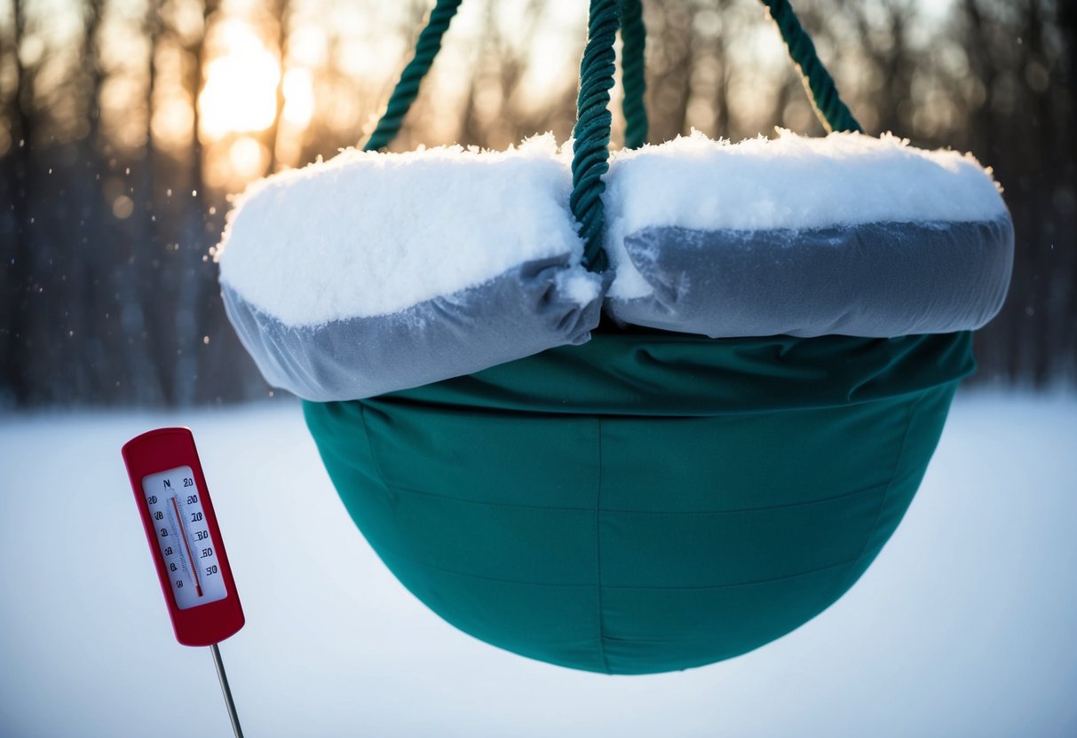 A hanging basket is covered in a layer of thick, insulating material, with a thermometer nearby showing a temperature below freezing