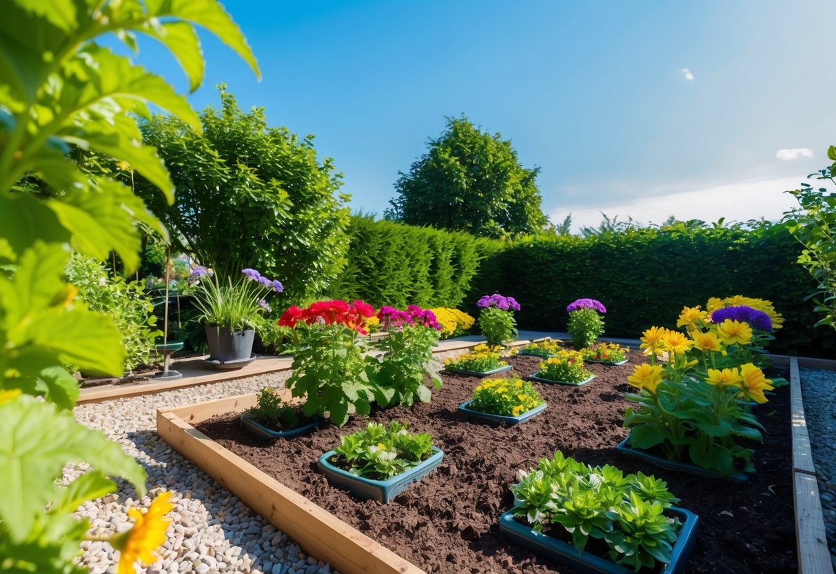 A sunny garden with colorful annual flowers being planted in July, surrounded by lush green foliage and clear blue skies