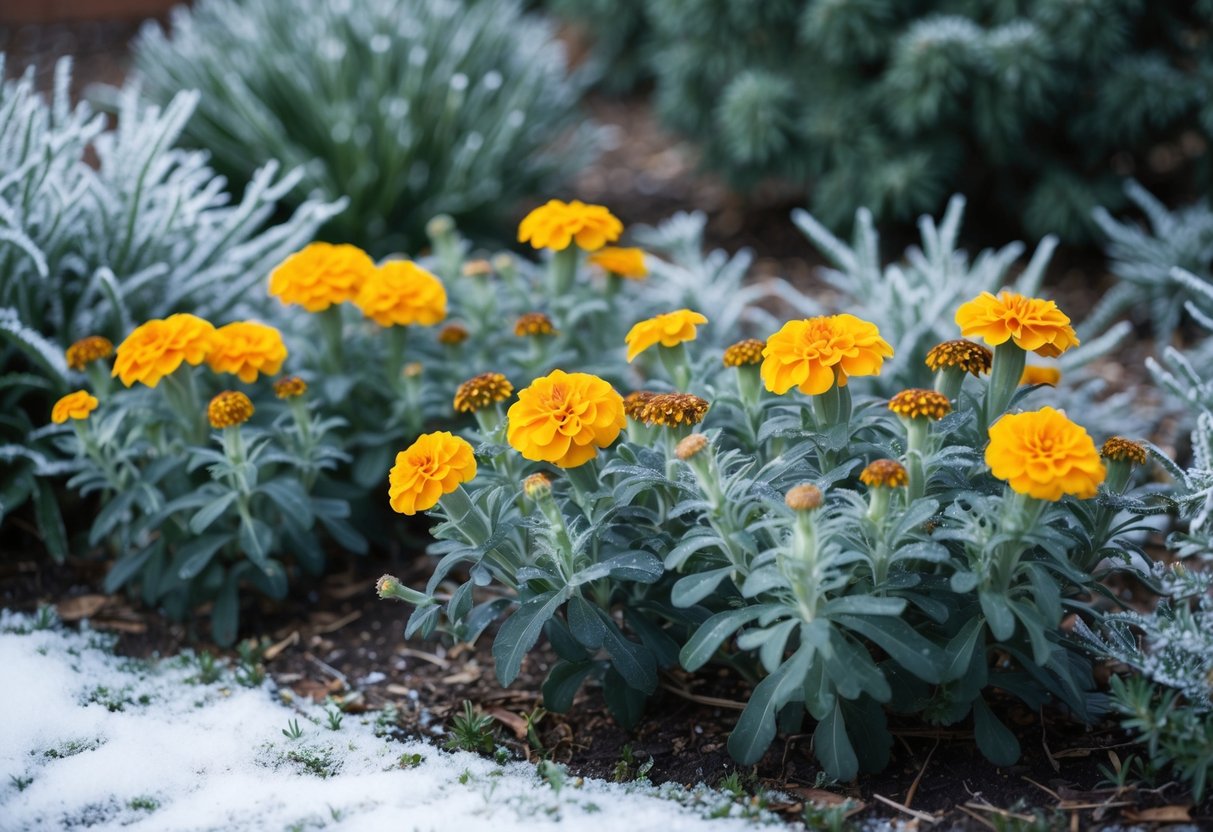 A garden scene with marigolds thriving in chilly weather, surrounded by frost-kissed foliage and a hint of snow on the ground