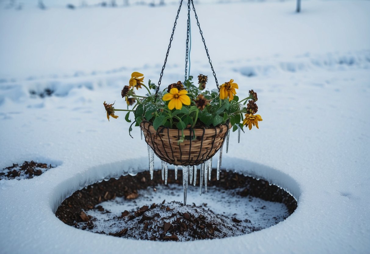 A hanging basket with wilted flowers sits outside in the snow, surrounded by frozen soil and icicles