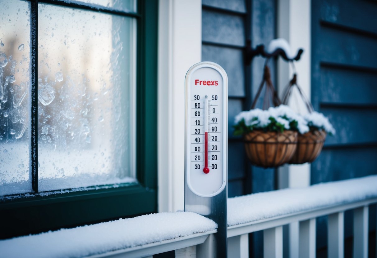 A thermometer outside a frost-covered window reads below freezing, while a pair of hanging baskets sit dormant on a porch railing