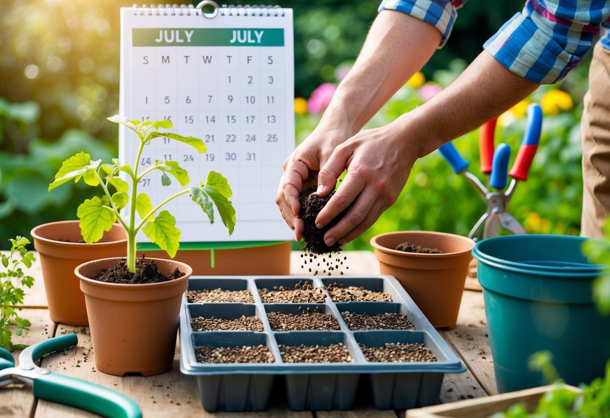 A gardener sowing seeds in trays, surrounded by pots and gardening tools. A calendar shows the month of July. A plant being transplanted into a larger pot