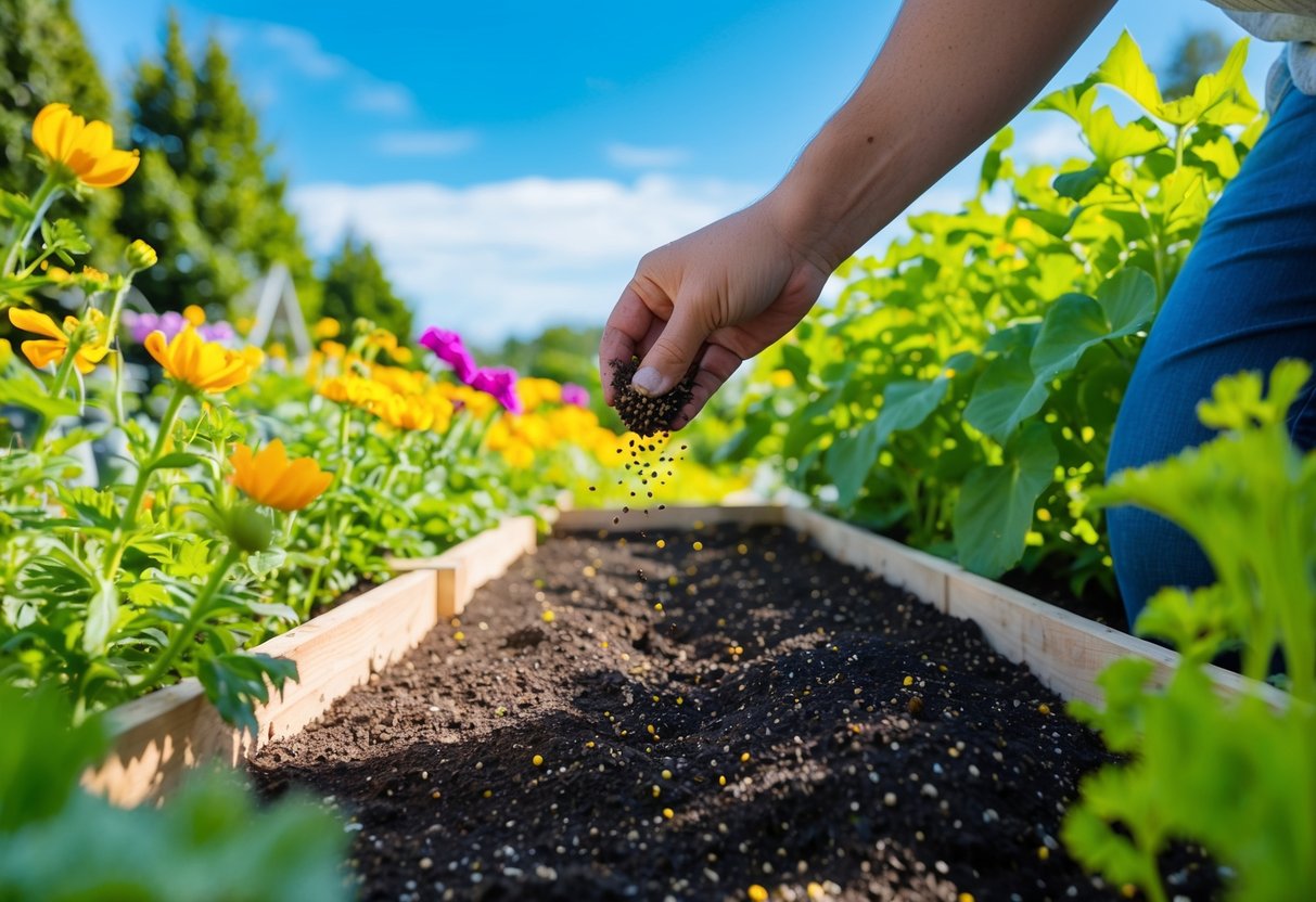 Vibrant annual flowers being sown in a sunny garden bed surrounded by green foliage and clear blue skies