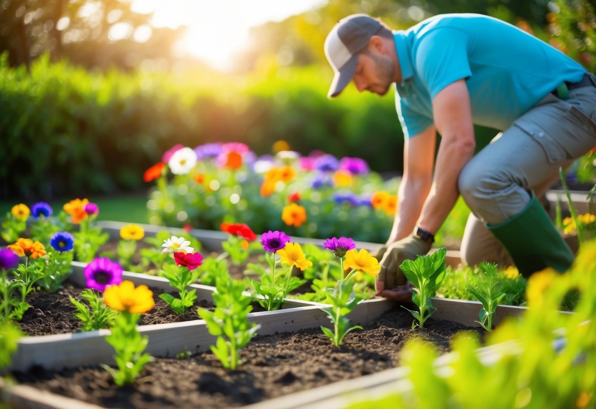 Brightly colored annual flowers being planted in a garden bed in the warm summer sun, with a gardener carefully tending to the young plants