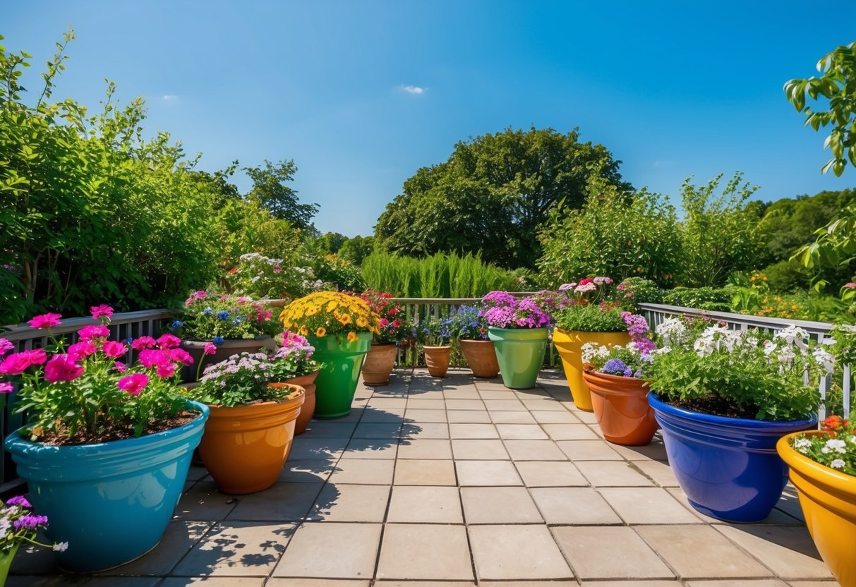 A sunny patio with colorful pots filled with blooming flowers, surrounded by lush greenery and a clear blue sky