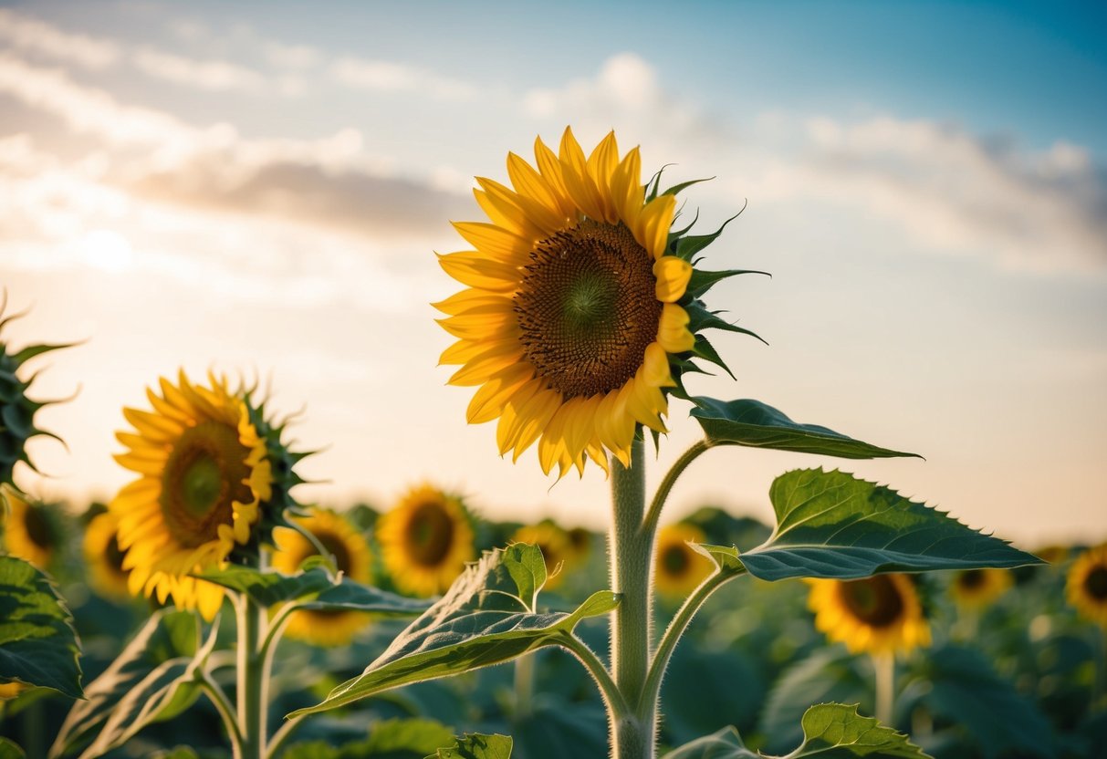 A vibrant sunflower stands tall in a field, its golden petals reaching towards the sun. The sturdy stem and thick leaves show its hardiness as it thrives in the warm summer breeze