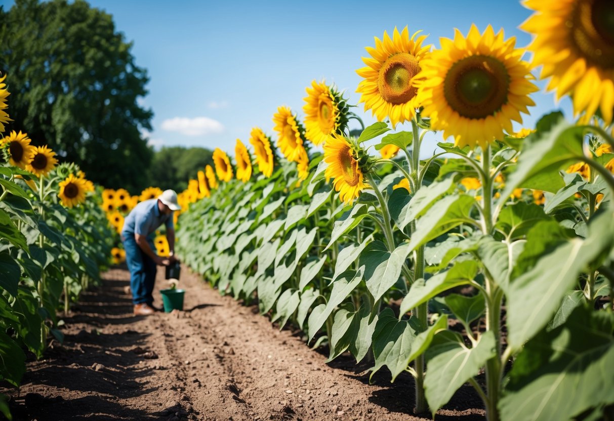 A sunflower garden with rows of tall, yellow blooms standing proudly under the warm, bright sun. Nearby, a gardener carefully tends to the plants, ensuring they receive proper care