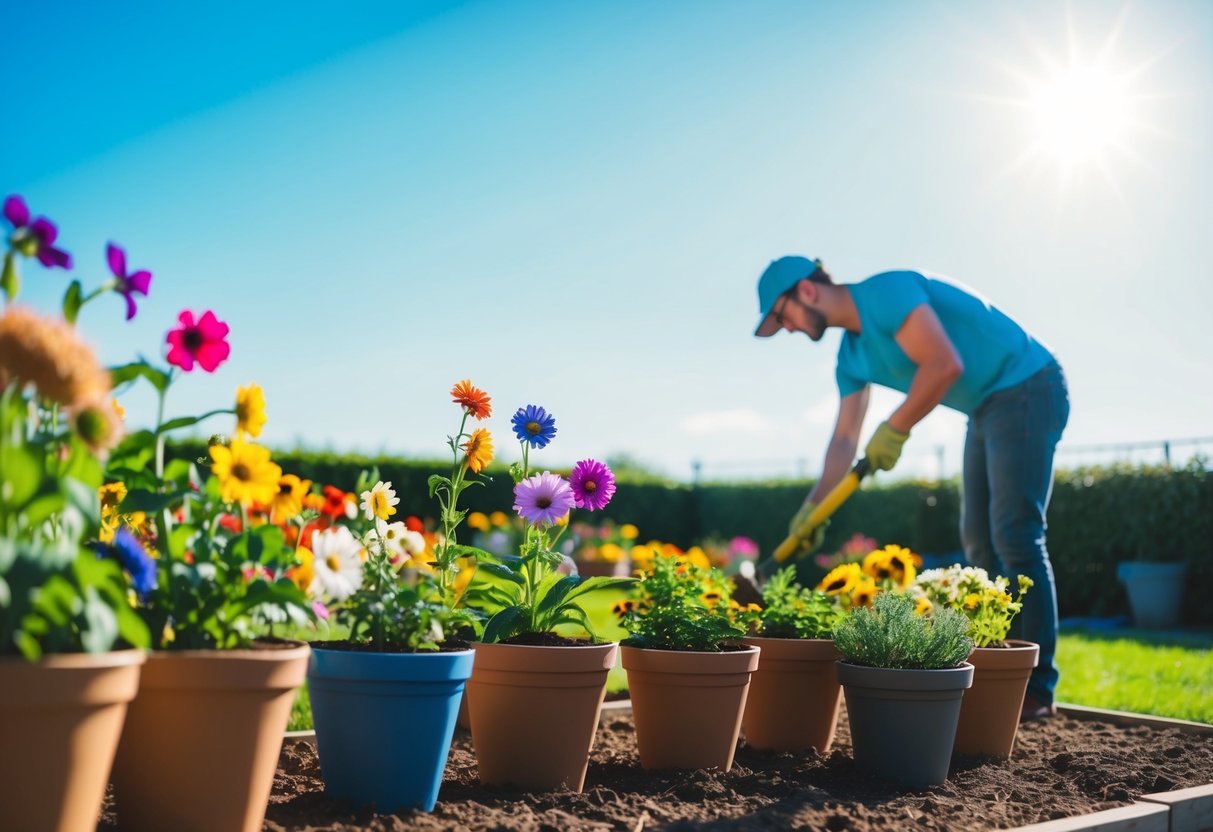 A sunny day with a clear blue sky, a variety of colorful flowers in pots, and a person planting them in a garden