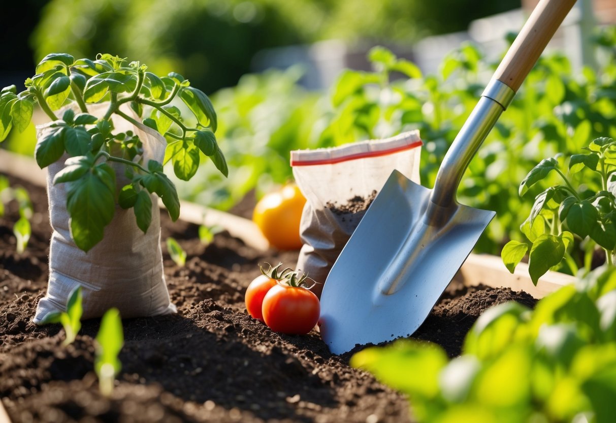 A sunny garden with a shovel, bag of soil, and tomato seedlings ready for planting