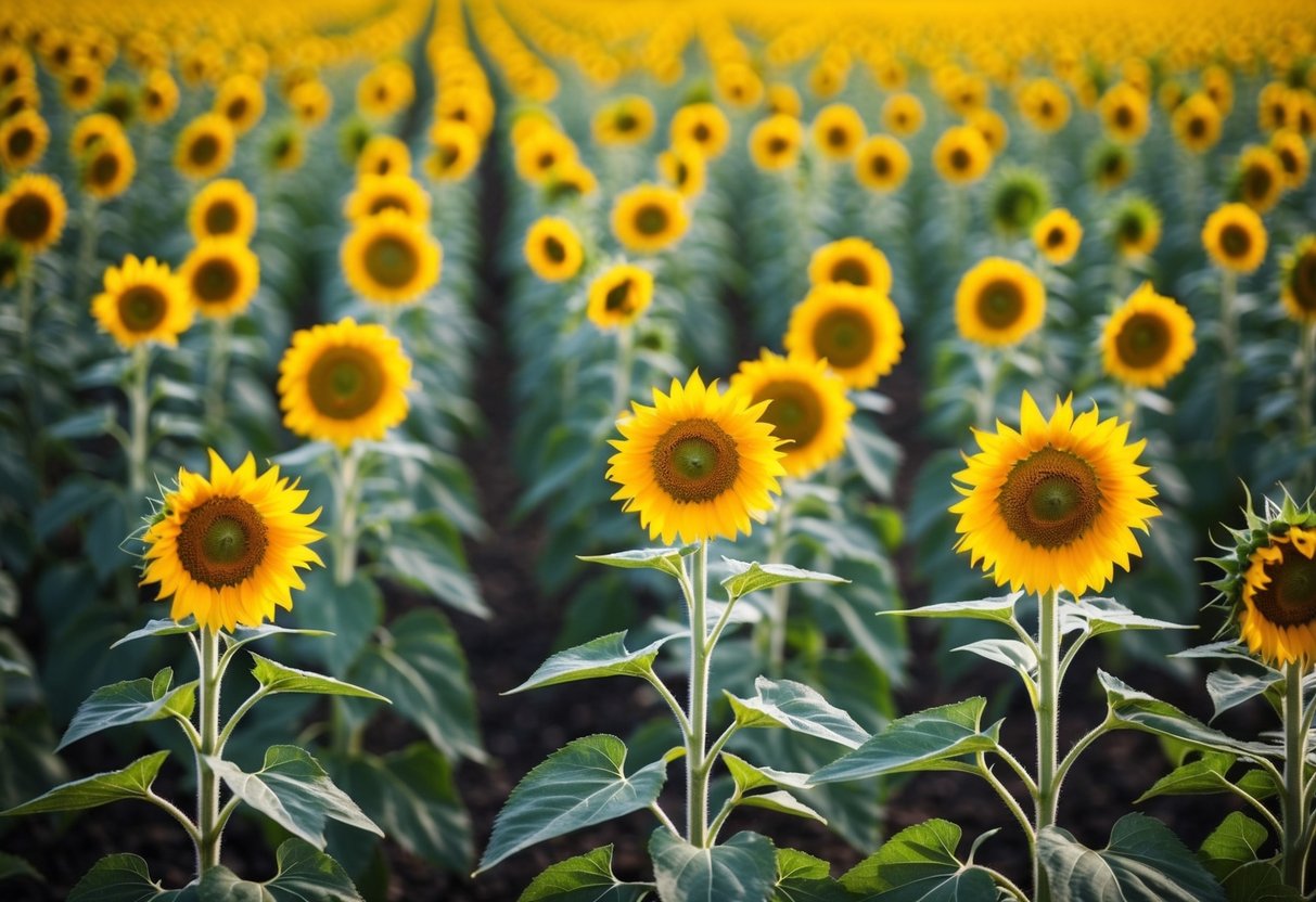 A field of tall sunflowers in varying stages of growth, some just sprouting, others in full bloom, reaching towards the sun