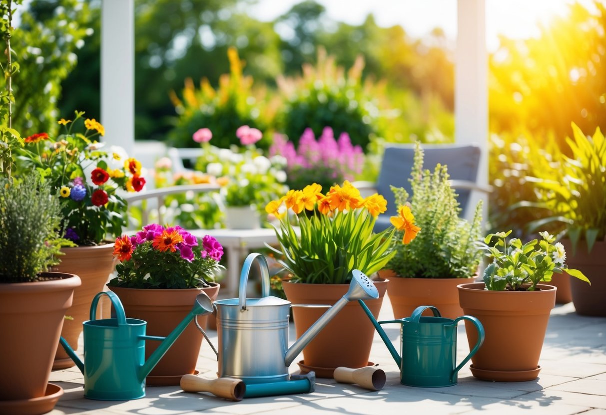 A sunny patio with various potted plants, including colorful flowers in bloom, surrounded by gardening tools and watering cans