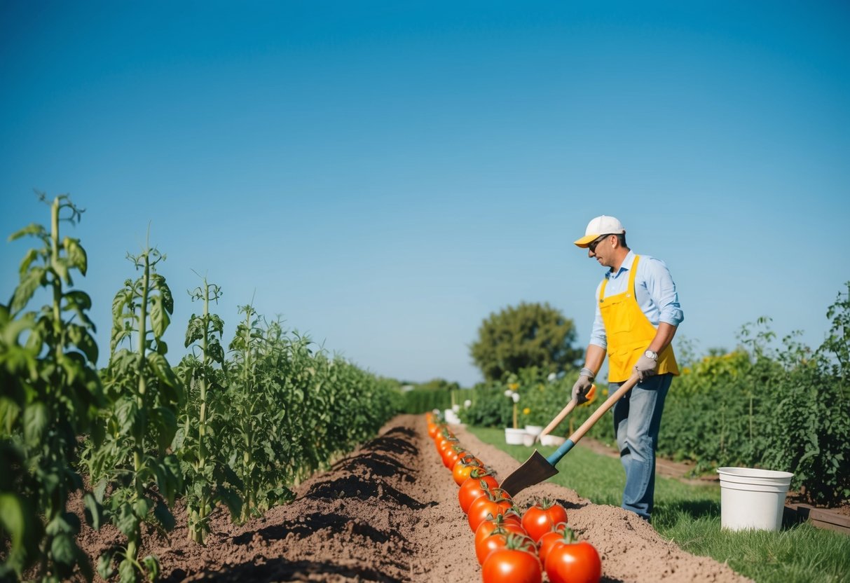 A sunny garden with freshly tilled soil, a row of tomato plants, a gardener with a shovel, and a clear blue sky