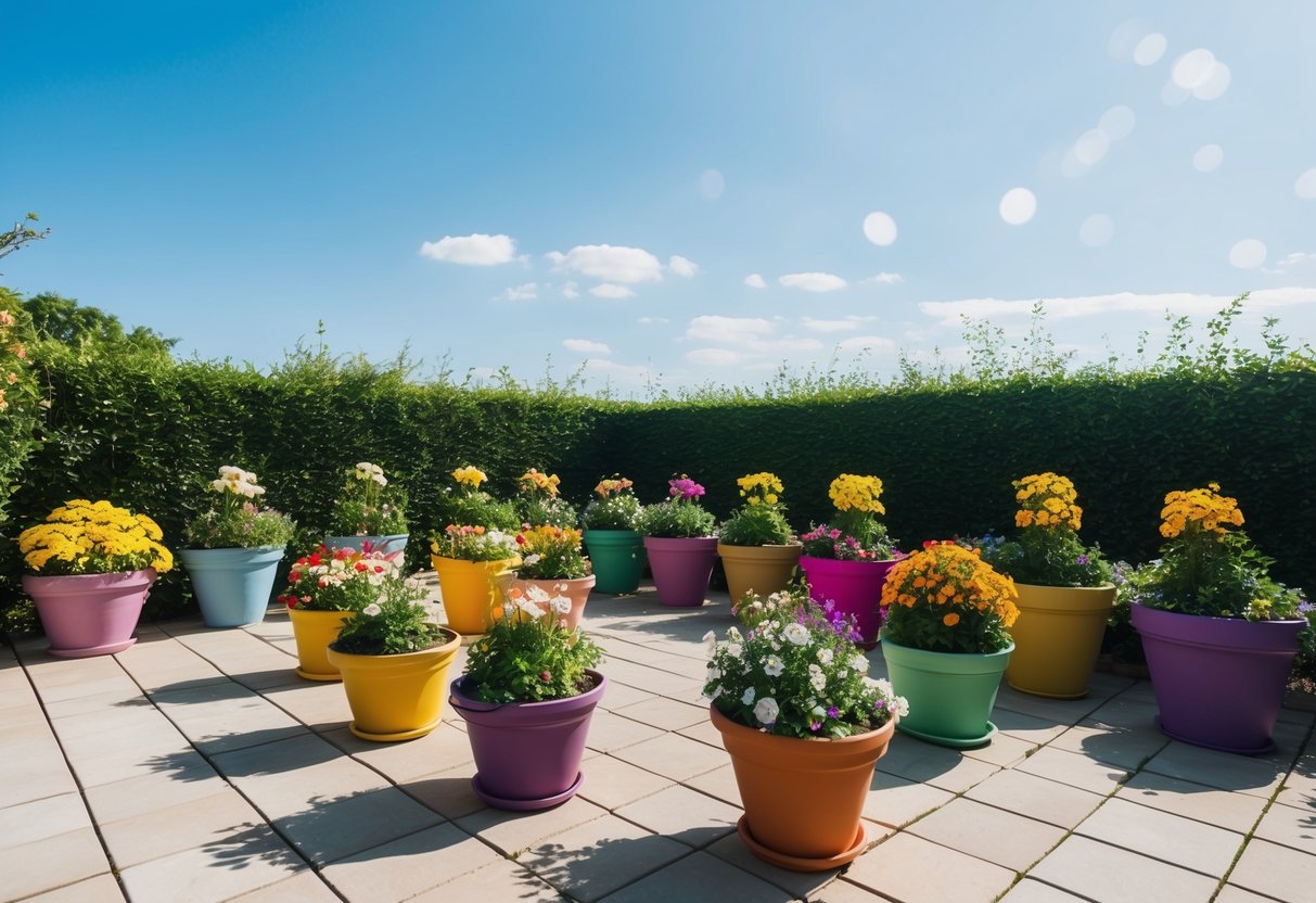 A sunny patio with colorful flower pots arranged in a visually appealing manner, surrounded by greenery and a clear blue sky