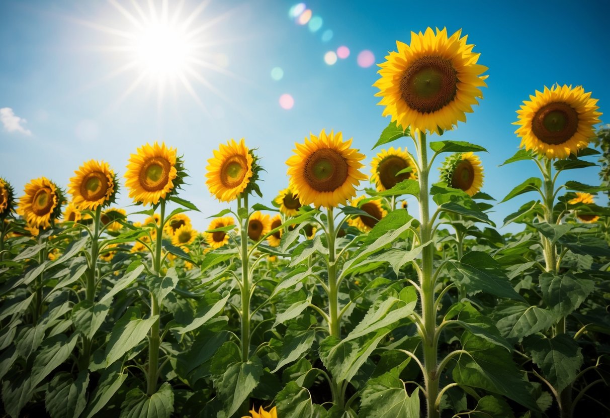 A vibrant field of tall sunflowers in various colors and sizes, standing resilient and strong under the bright sun