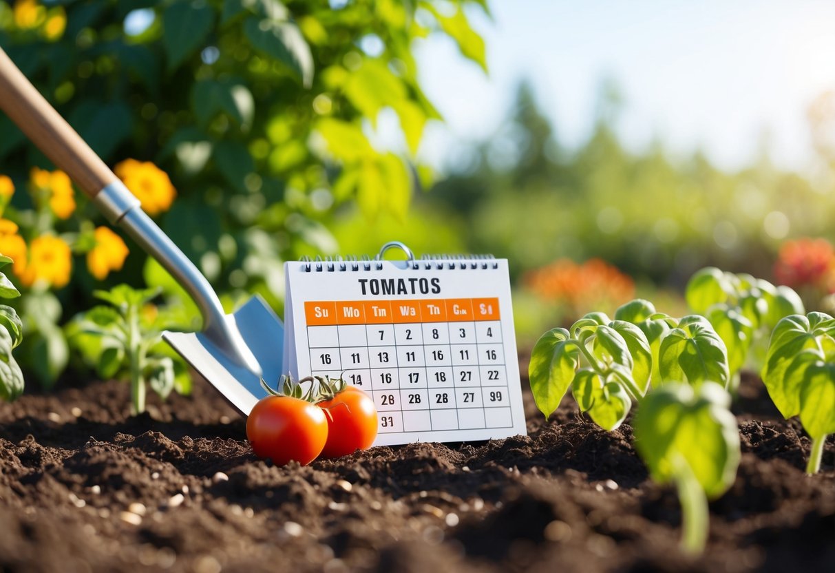 A sunny garden with a shovel, tomato seedlings, and a calendar showing the optimal planting time