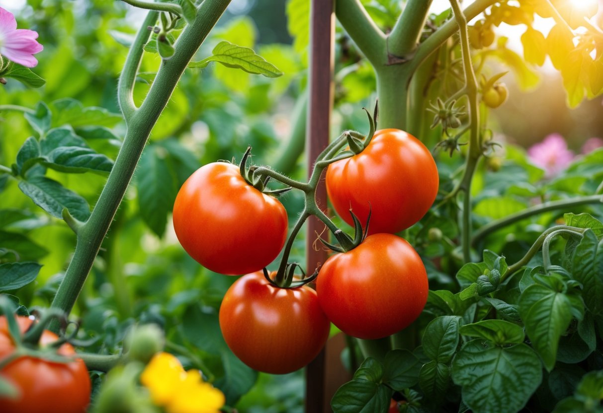 A sunny garden with ripe red tomatoes on the vine, surrounded by lush green foliage and blooming flowers