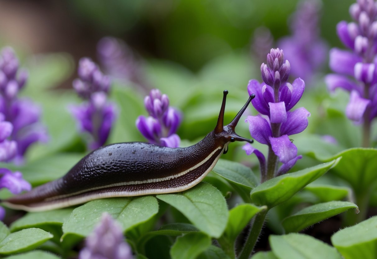 A slug crawling over a bed of lobelia flowers, with its mouthparts grazing the delicate petals