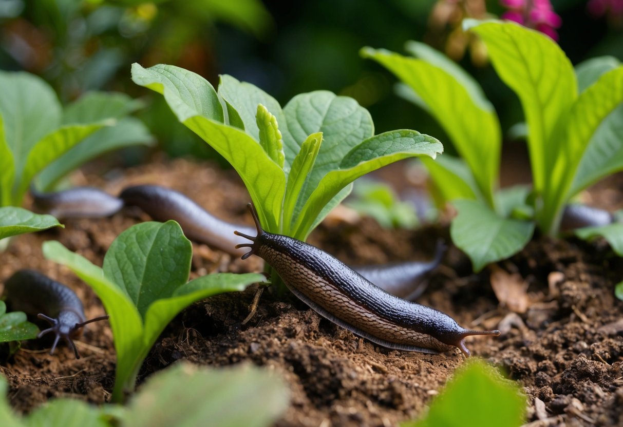 Slugs devouring lobelia leaves in a garden