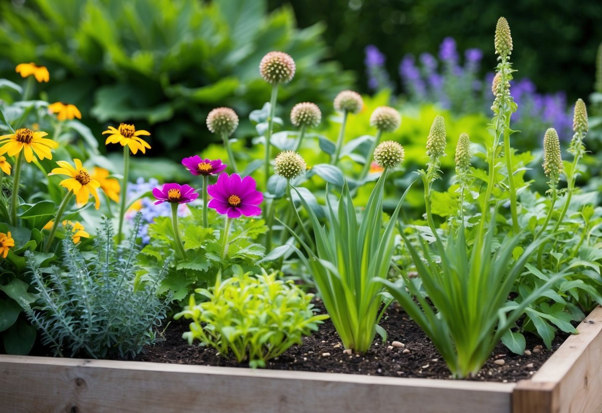 A garden bed with various hardy annual plants, some in bloom and others with seed pods, surrounded by healthy foliage