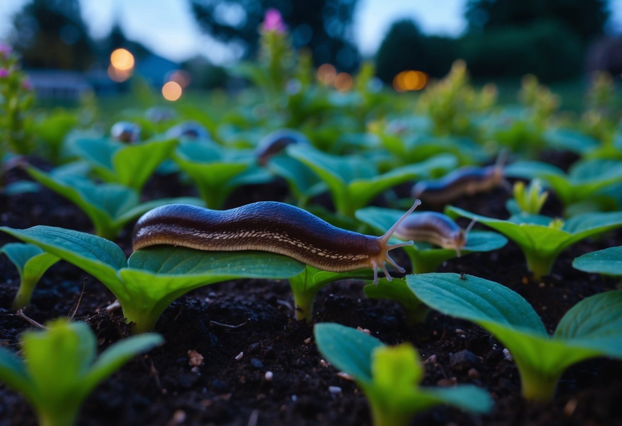 Slugs devouring lobelia leaves in a garden bed at dusk