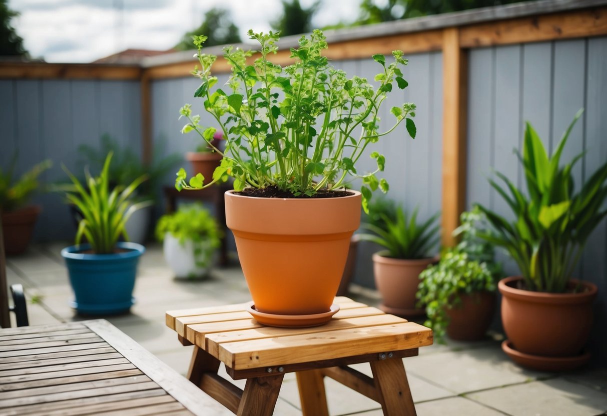 A plant pot is elevated on a wooden stand, with greenery growing out of it. The stand is placed on a patio, surrounded by other potted plants