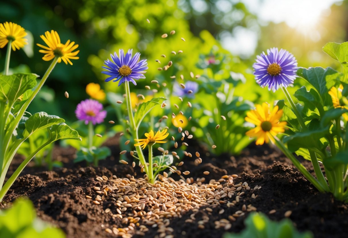 Colorful hardy annual flowers scatter seeds in a lush garden bed. Sunlight filters through the leaves as the seeds fall onto the fertile soil