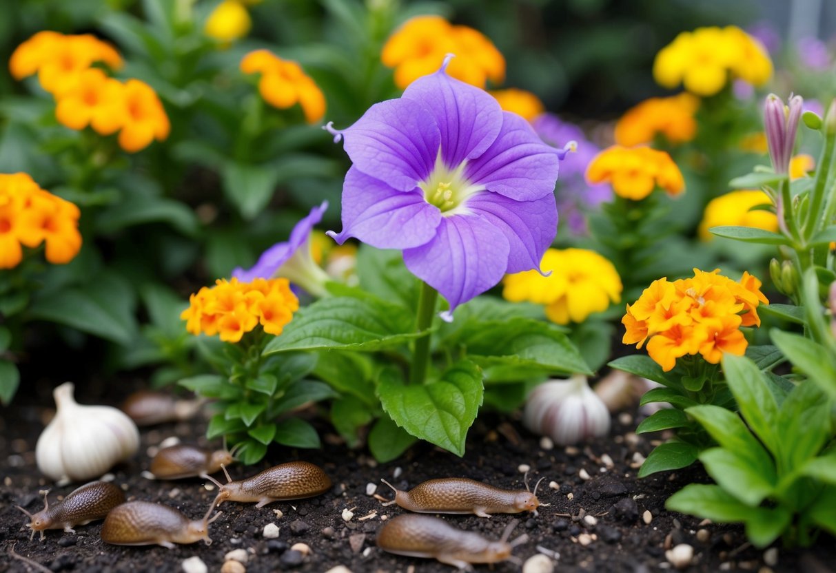 A garden scene with lobelia surrounded by slug-repelling plants like marigolds and garlic, with slugs avoiding the area