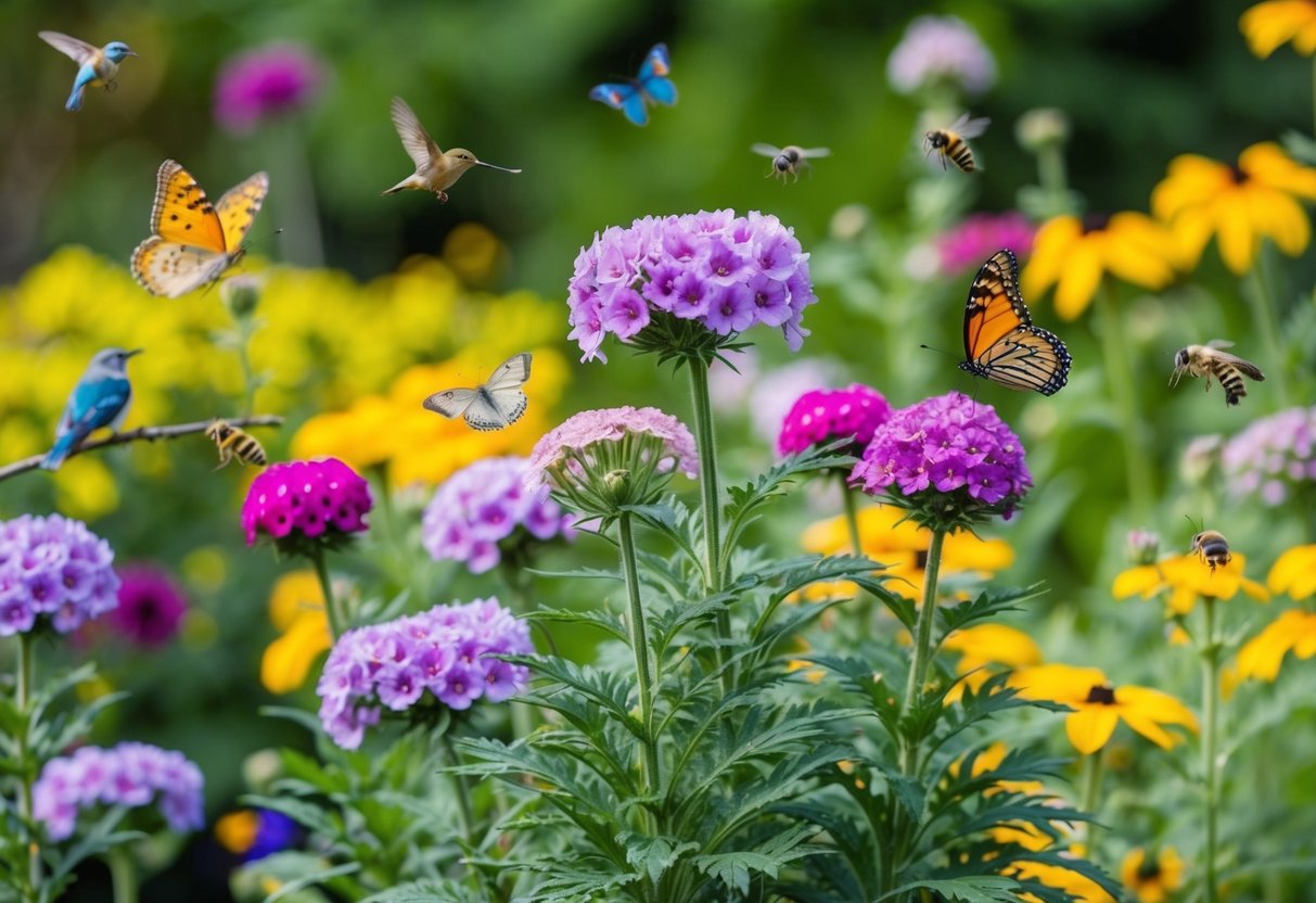 A garden filled with blooming hardy annuals, surrounded by butterflies, bees, and birds