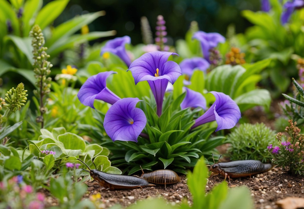 A garden scene with lobelia plants surrounded by diverse vegetation and insects, including slugs