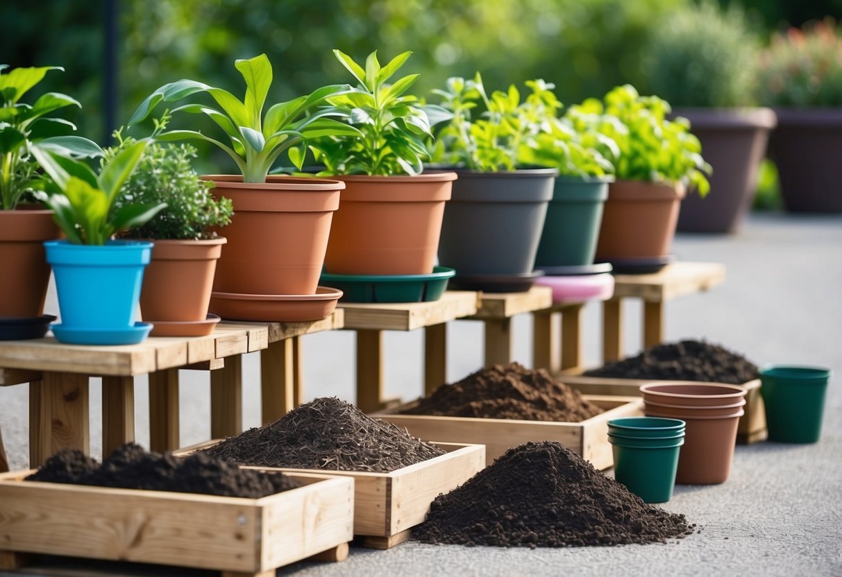 A variety of plant pots sit on wooden platforms, elevated off the ground. Different types of potting mix and soil are arranged nearby