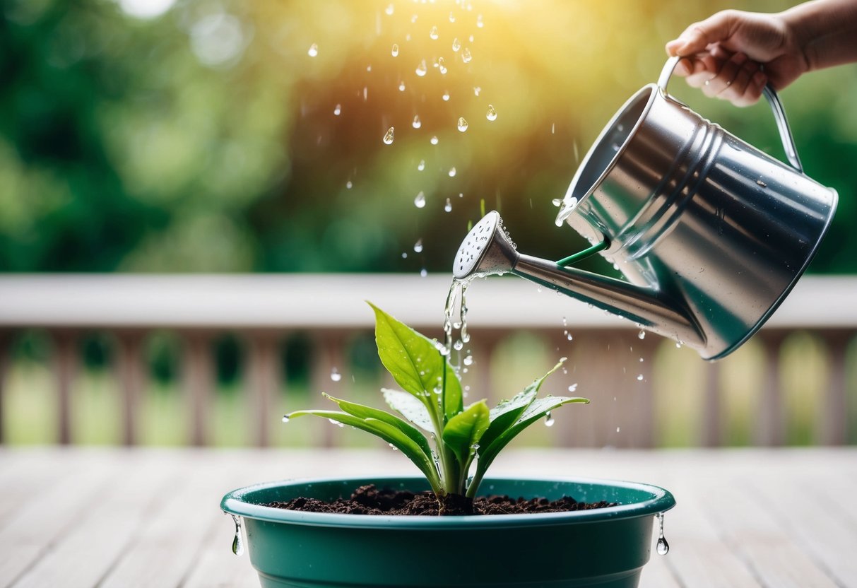 A raised plant pot with water droplets falling from a watering can above